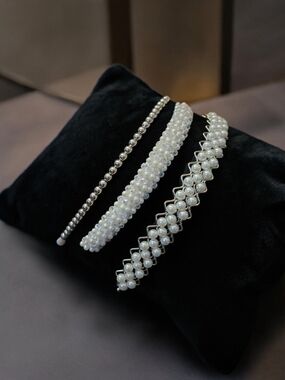 Set of 3 Silver & White Beaded Headbands Pearl Look Braided Classic Hair Styling
